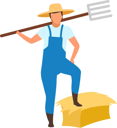 Male farmer standing on hay bale with pitchfork  Illustration