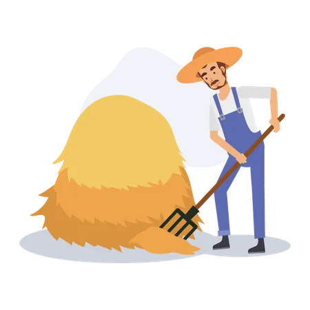Male Farmer sweeping straw near haystack Illustration