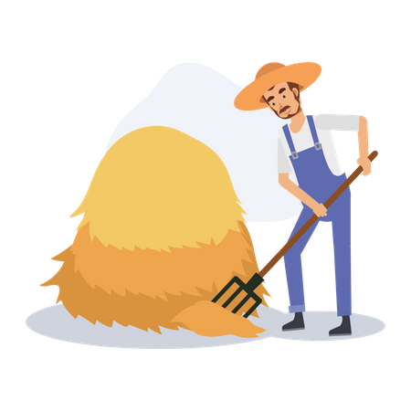 Male Farmer sweeping straw near haystack  Illustration