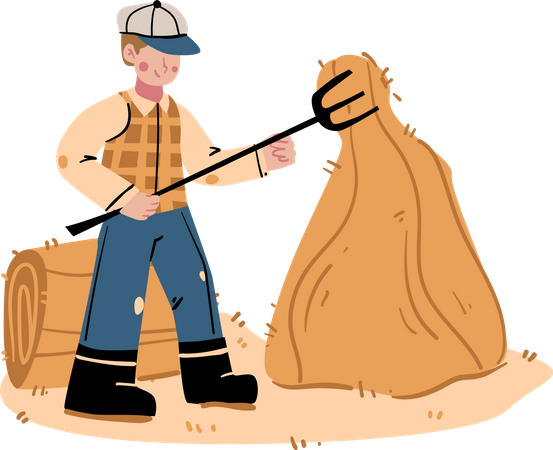 Male Farmer sweeping straw near haystack  Illustration