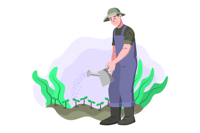 Male farmer watering crops  Illustration