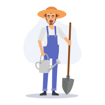 Male farmer with shovel and watering can  Illustration