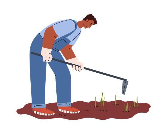 Male farmer working in garden with hoe  Illustration
