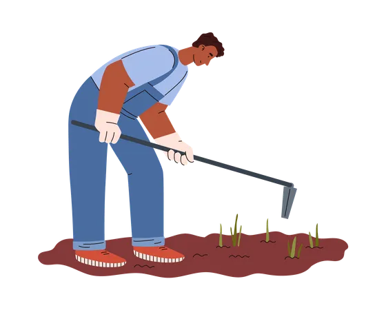 Vector Cartoon Illustration Of Farmer Working In The Garden With A Hoe Loosening Hilling Cultivating The Land For A Better Harvest Isolated On White Background Illustration