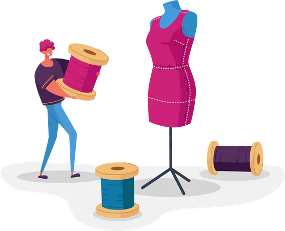 Sewing Workshop And Atelier Worker Concept Tailor Or Dressmaker Profession Man Character Holding Skein Thread At Huge Dummy Textile Clothing Manufacturing Fashion Cartoon Vector Illustration Illustration