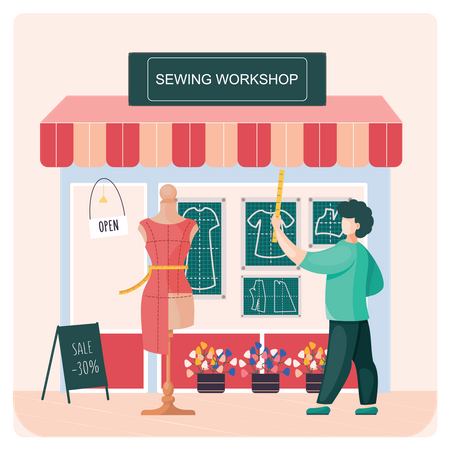 Male fashion designer measuring dress  イラスト