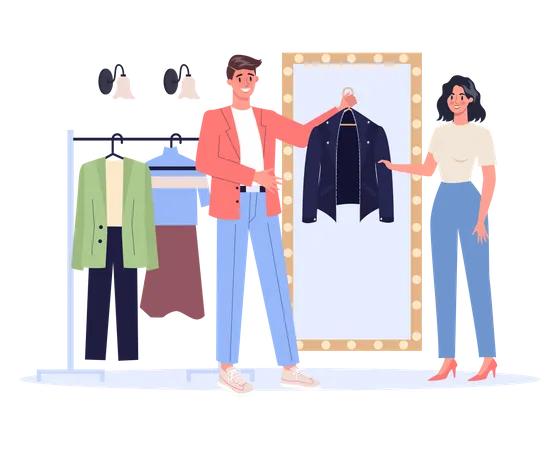 Young Male Fashion Stylist Holding A Leather Jacket For The Woman Modern Creative Job Man Character Choosing Clothes Isolated Vector Illustration In Cartoon Style Illustration