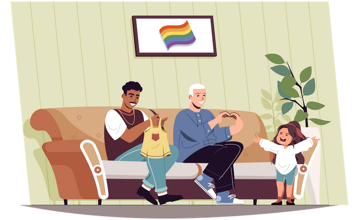 Male fathers take care of little daughter at home Illustration