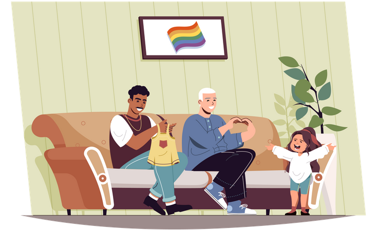 Male fathers take care of little daughter at home  Illustration