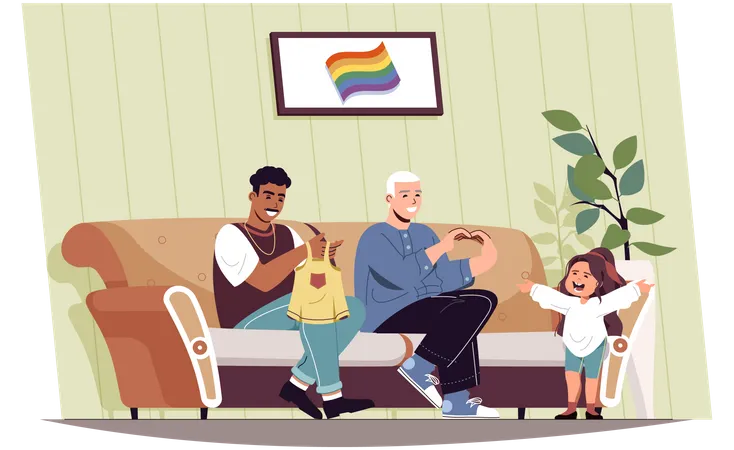 Male fathers take care of little daughter at home  Illustration