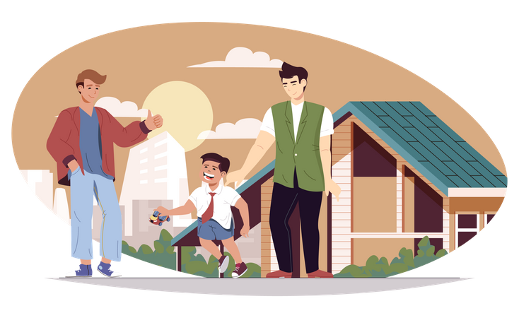 Male fathers with son walking at street  Illustration