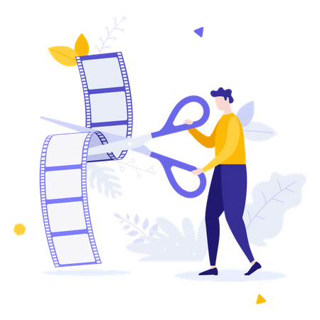 Male film editor trimming film  Illustration