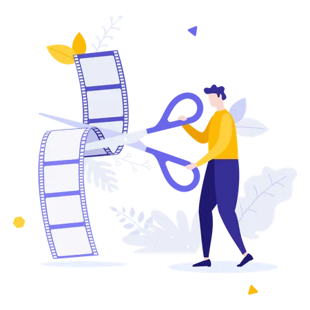 Male film editor trimming film  Illustration