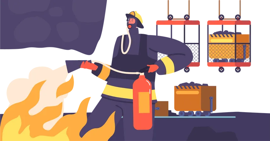 Brave Firefighter Male Character Extinguishes Raging Coal Mine Fire Battling Intense Heat And Dangerous Conditions To Protect Lives And Save Valuable Resources Cartoon People Vector Illustration Illustration