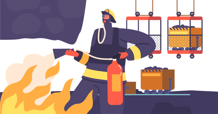 Male Firefighter Extinguishes Raging Coal Mine Fire  Illustration