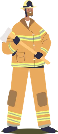 Male Firefighter Rescuer In Uniform And Helmet Hold Axe Or Hammer Man Fireman Service In Protective Clothes Isolated Worker In Professional Wear Concept Cartoon Flat Vector Illustration Illustration