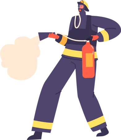 Brave Firefighter Character Equipped With A Powerful Fire Extinguisher Ready To Combat And Extinguish Fires Ensuring Safety And Protection For All Cartoon People Vector Illustration Illustration