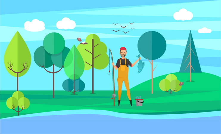 Male fisher standing near lake Illustration