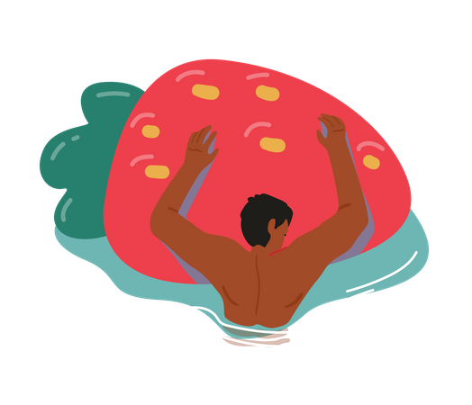 Male Floating in Swimming Pool Holding Strawberry Inflatable Air Mattress Illustration