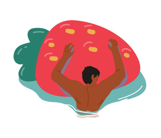 Male Floating in Swimming Pool Holding Strawberry Inflatable Air Mattress  Illustration