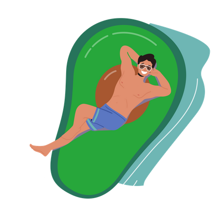 Male Floating on Air Mattress in Shape of Avocado Enjoying Summer Time Illustration