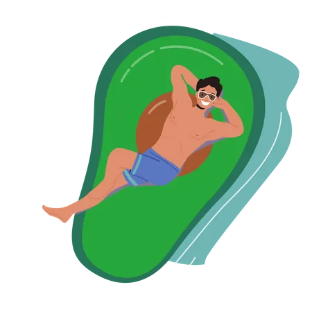 Male Floating on Air Mattress in Shape of Avocado Enjoying Summer Time  Illustration