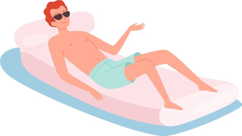 Male floating rubber mattress in swimming pool  Illustration