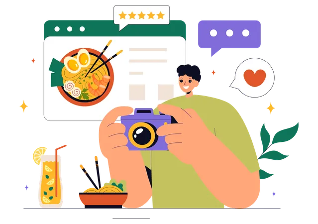 Male Food Blogger clicking photo of food  Illustration