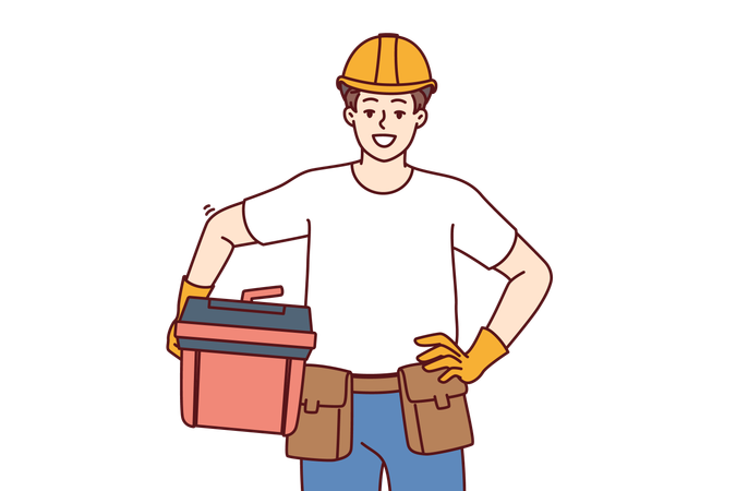 Male foreman holds case of working tools for furniture repair  イラスト