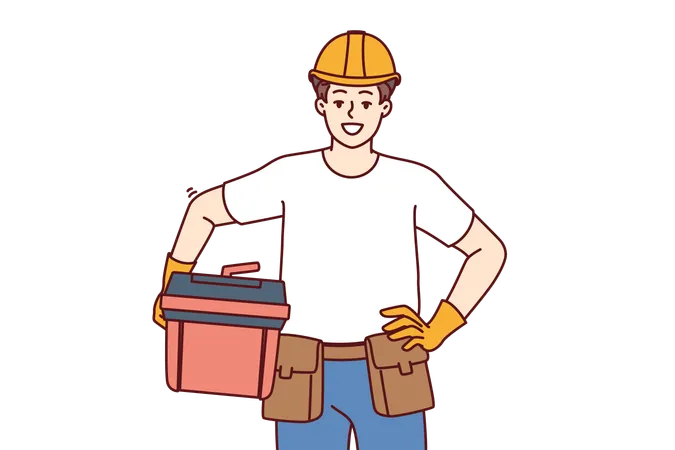 Male Foreman Holds Case Of Working Tools For Furniture Repair Or Plumbing Work And Looks At Screen With Smile Guy In Helmet Of Builder Works As Foreman Or Builder Providing Professional Services イラスト