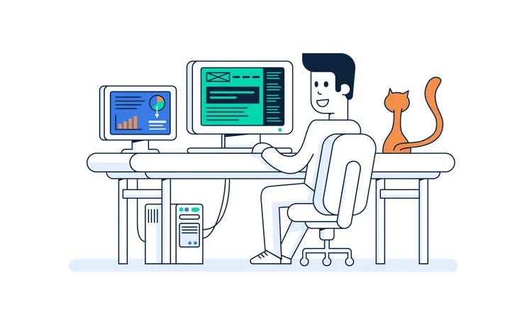 Male freelance developer working from workplace  Illustration