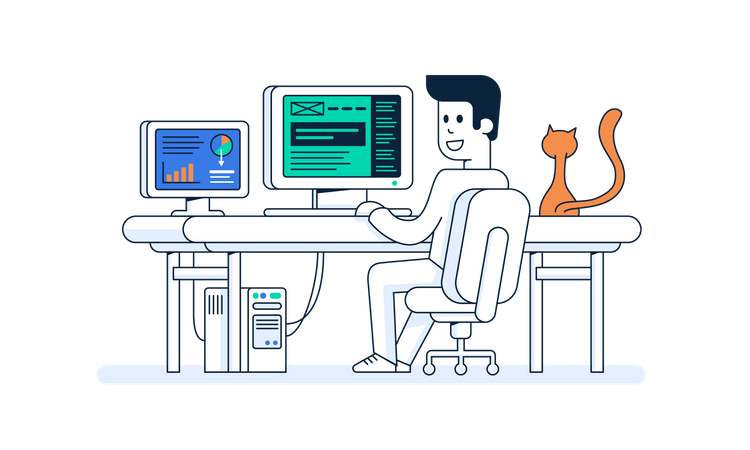 Male freelance developer working from workplace  Illustration