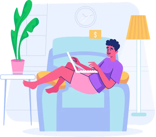 Male freelancer earning money while sitting at home  Illustration