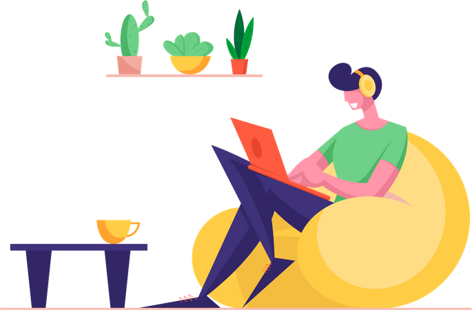 Male freelancer sitting on armchair and working on laptop Illustration