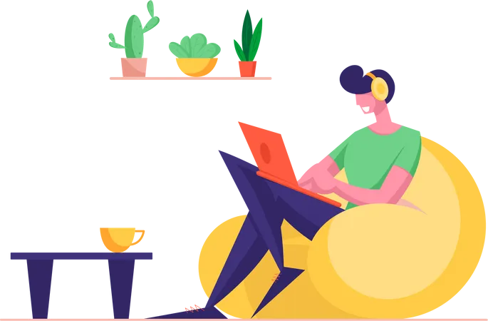 Freelance Occupation Concept Relaxed Man Freelancer Character Sitting On Armchair Working Distant On Laptop From Home Worker Creativity Process Remote Workplace Cartoon Flat Vector Illustration Illustration