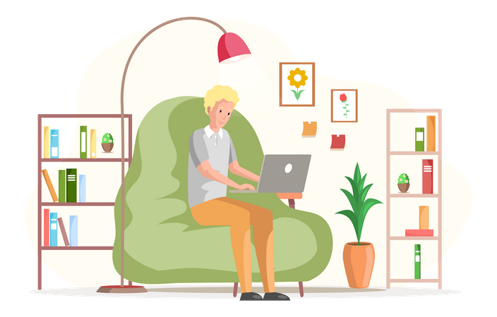 Male freelancer sitting on beanbag and working on laptop Illustration