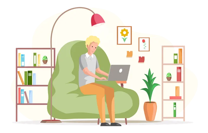 Male freelancer sitting on beanbag and working on laptop  Illustration