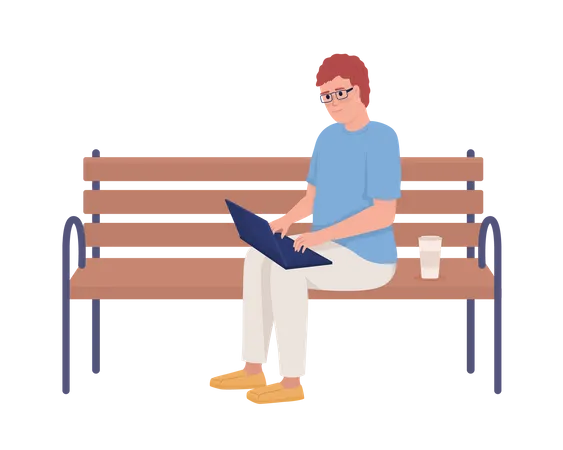 Male freelancer with laptop sitting on bench  Illustration