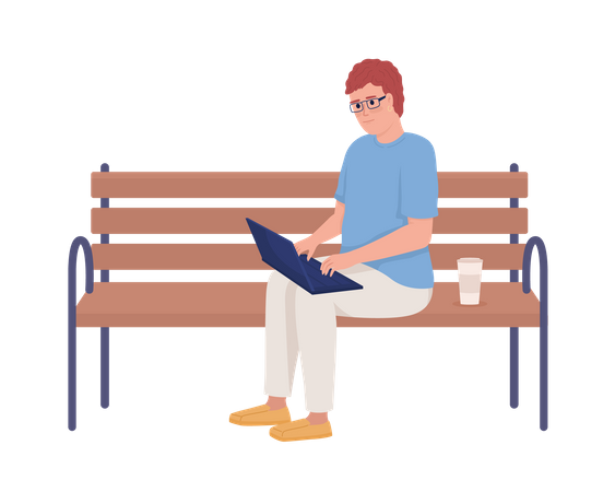 Male freelancer with laptop sitting on bench  Illustration