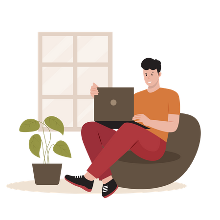 Male freelancer work while sitting on beanbag Illustration