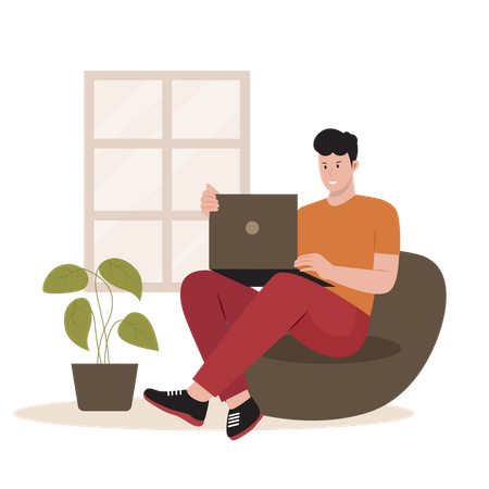 Male freelancer work while sitting on beanbag  Illustration