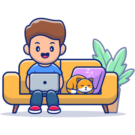 Male freelancer working at home while cat sleeping besides Illustration