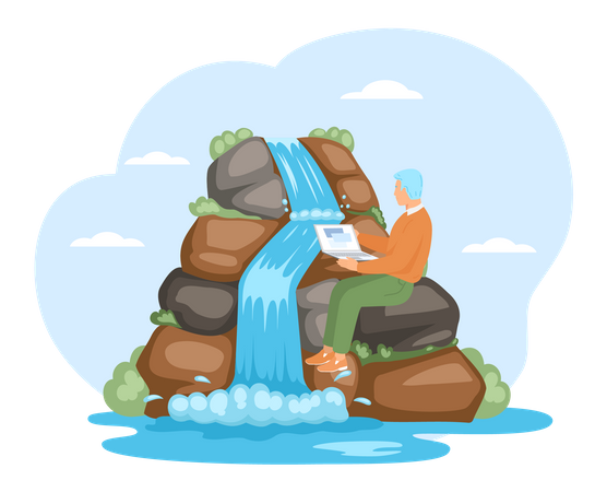 Male freelancer working near waterfall  Illustration