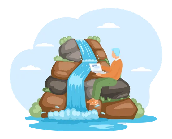 Male freelancer working near waterfall  Illustration