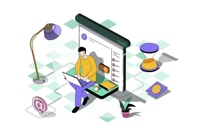 Freelance Work Web Concept In 3 D Isometric Design Man Working On Laptop And Making Tasks Remotely Connecting With Colleagues Online From Home Vector Web Illustration With People Isometry Scene Illustration