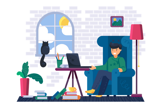 Male freelancer working on laptop at home Illustration