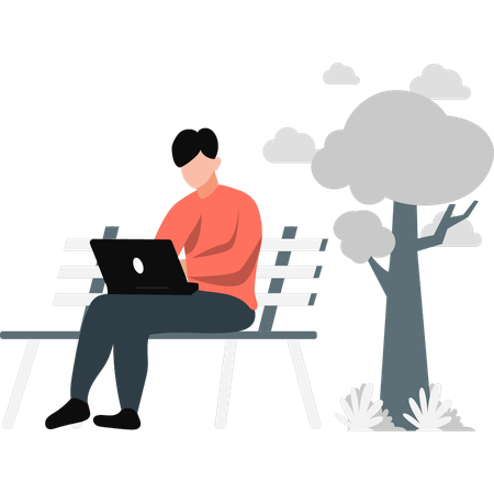 Male freelancer working on laptop in park  Illustration