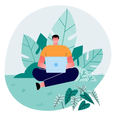 Relaxed Freelancer Guy Sitting On On The Open Space Working For Office In Laptop With Good Natural Places Remote Work Flat Vector Flat Illustration Illustration