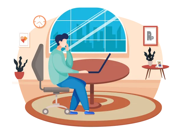 A Man Freelancer Is Working On The Computer At Home Businessman Is Sitting On The Chair With Open Laptop In Livingroom Interior Communicating Process Or Online Meeting Video Call Or Conference Illustration