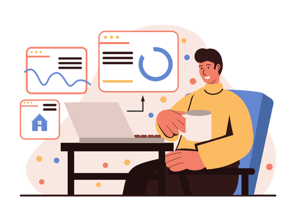 Male freelancer working with analytics report  Illustration